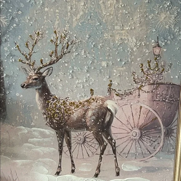 NEW! Royal Castle Carriage & Reindeer Gold Framed Winter Wonderland Wall Art - Picture 2 of 10